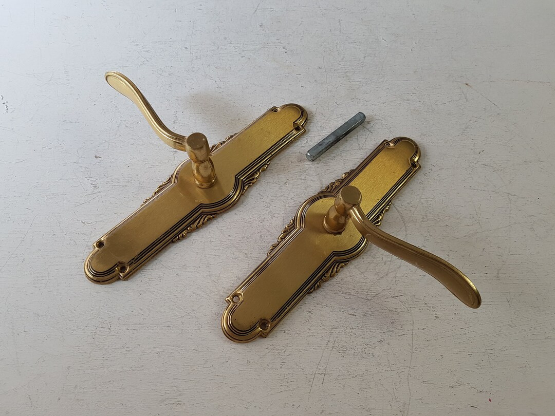 Vintage pair door brass handles Vertical decorative strip Swivel mechanism Made in Spain | Etsy (CAD)