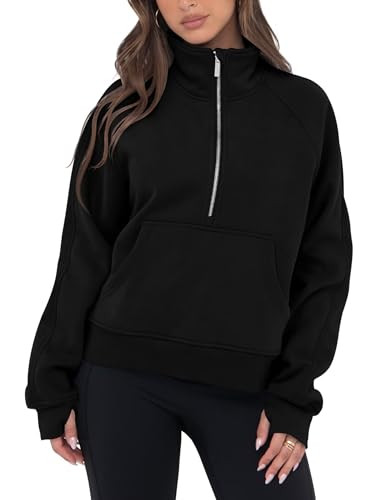 VIUTIL Womens Half Zip Sweatshirt Fleece Cropped Pullover with Thumb Hole Fall Trendy Clothes 2025, Black, Large | Amazon (US)