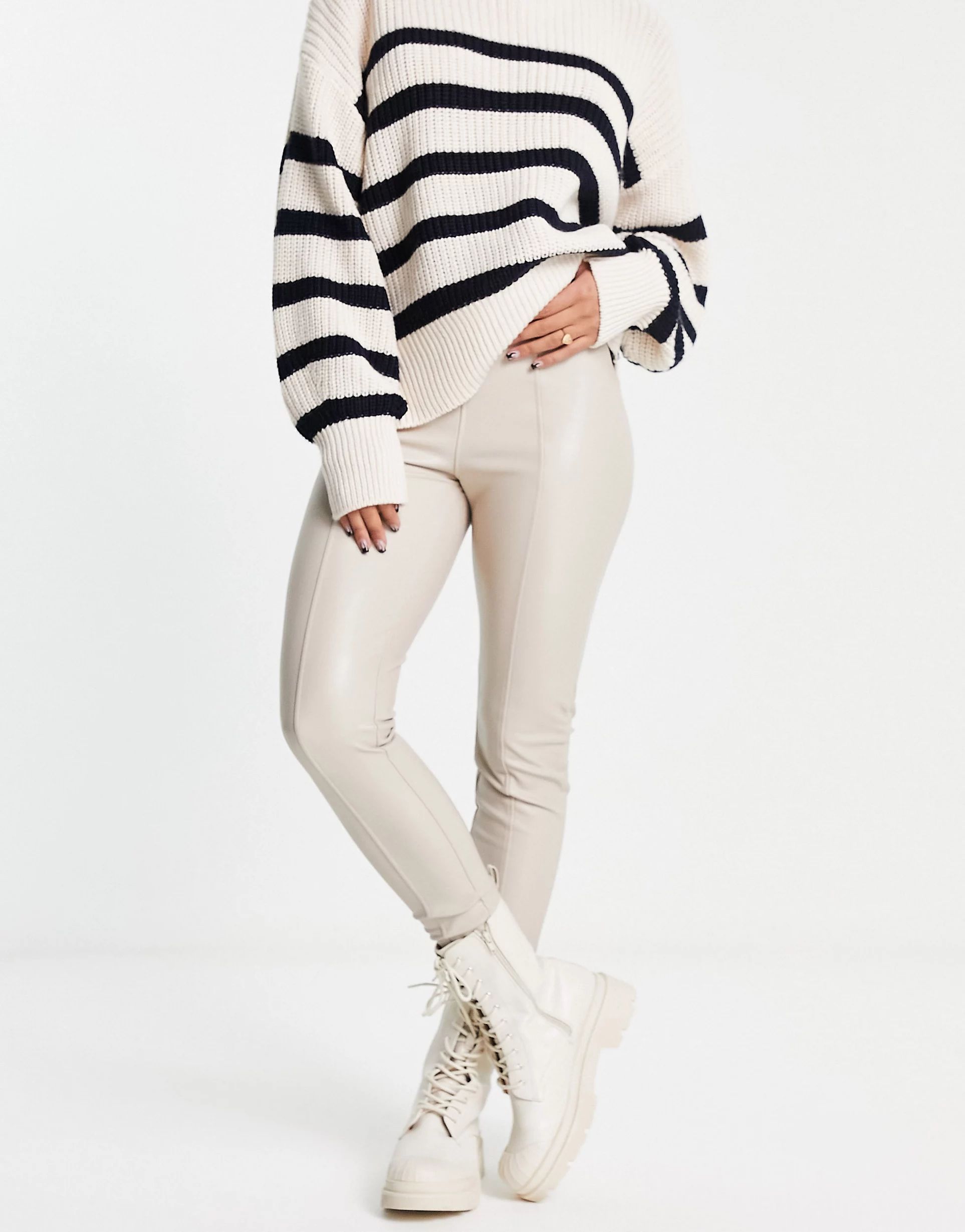 New Look faux leather pant leggings in cream | ASOS (Global)