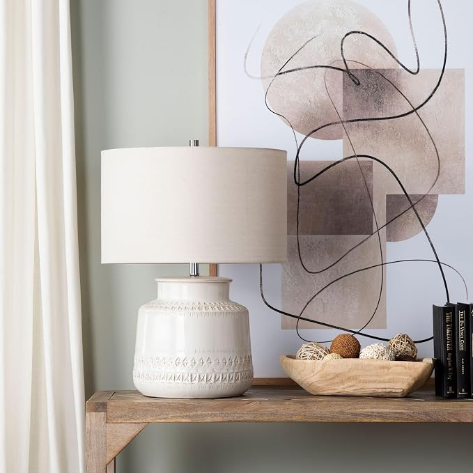 3-Way Ceramic Table Lamp with Oat Linen Shade White Modern Contemporary Traditional Transitional | Amazon (US)