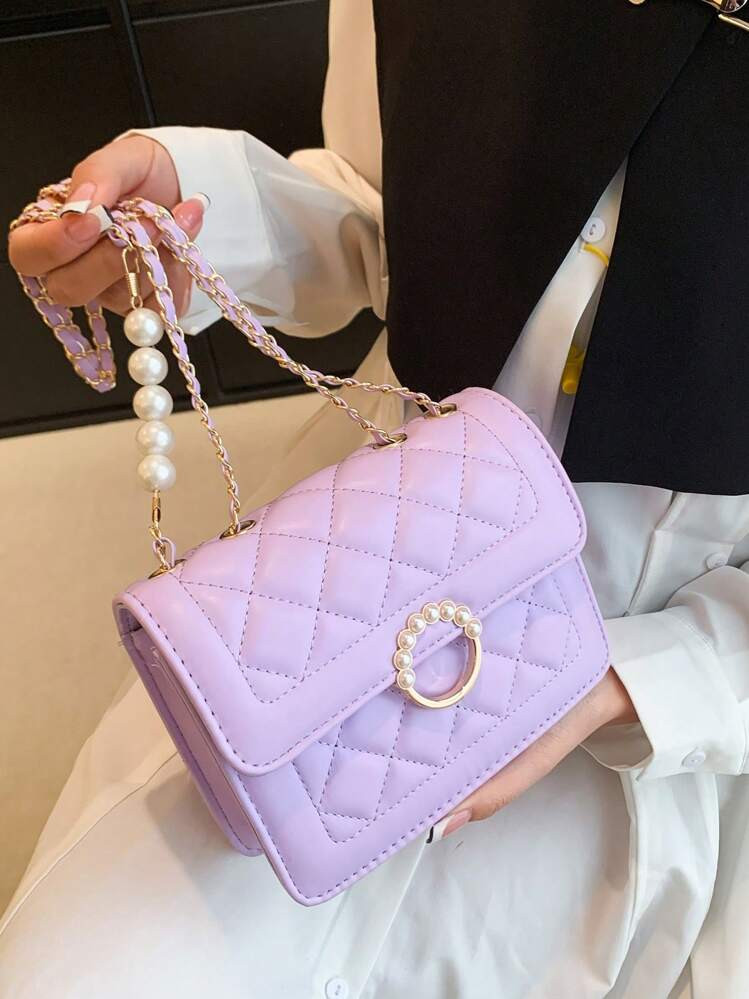 Fashionable Embroidery Thread Small Square Bag With Pearl Chain Strap, Mini Flap Shoulder & Cross... | SHEIN