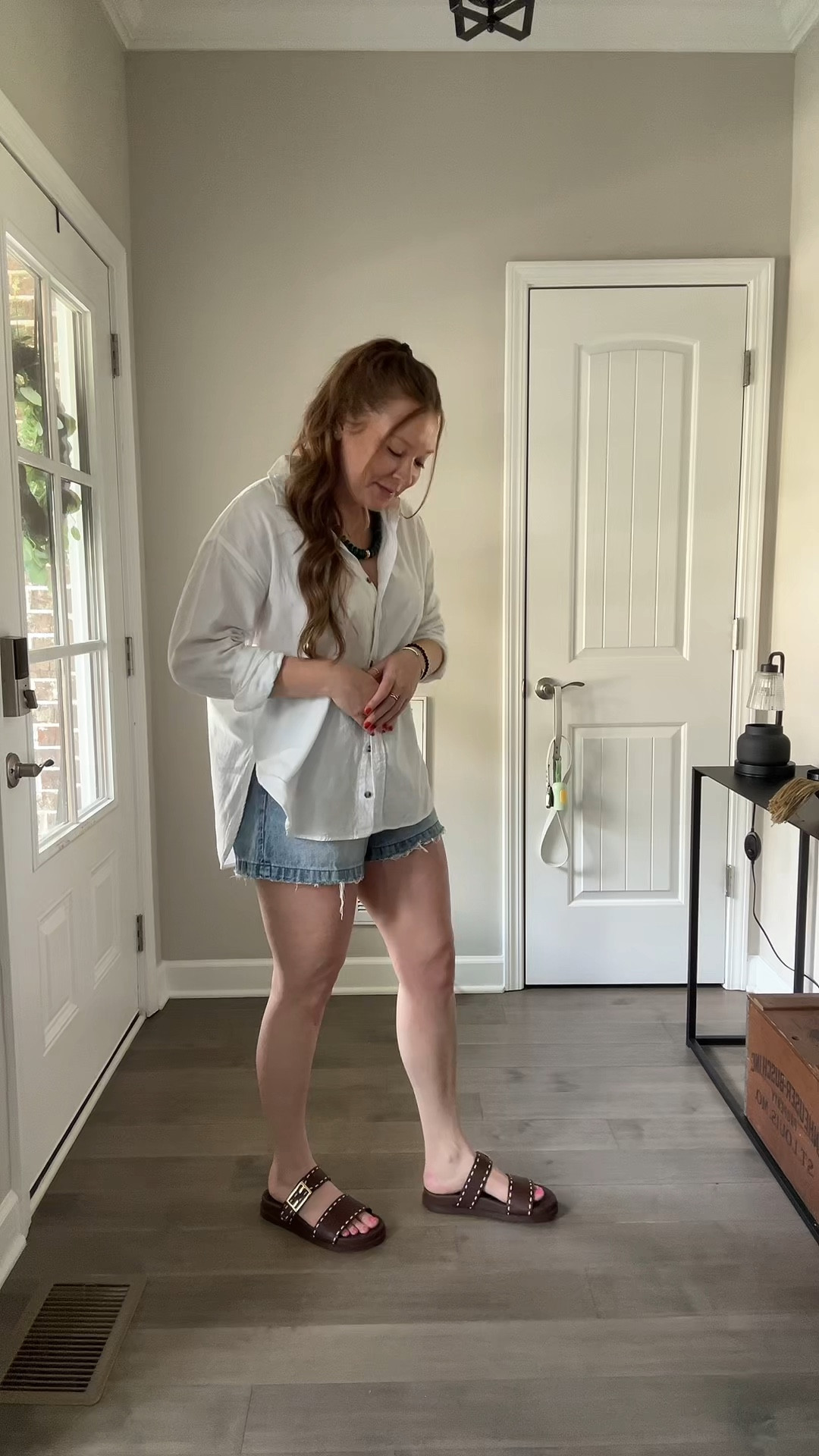 White button down 
Aline denim shorts - tts wearing a 29
Two strap sandals - tts 
Chunky bead necklace 
Evil eye necklace 
David Yurman cuff bracelet and ring two tone 

#LTKootd #LTKdayinmylife #LTKgrwm