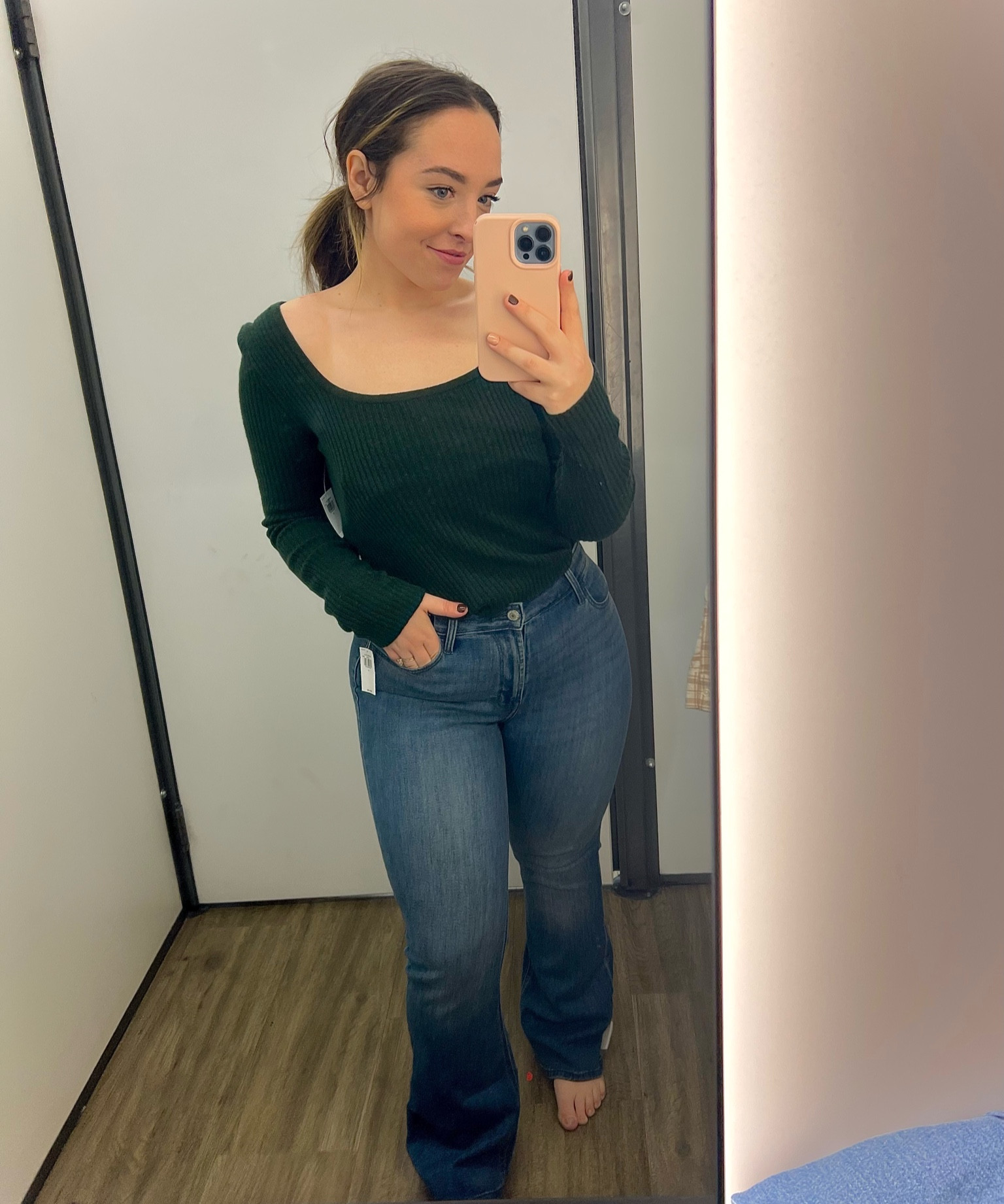 In the dressing room ✨
Sweater: small
Jeans: size 4 
#sweater #oldnavy #jeans #flarejeans #green #curvyfashion

#LTKunder50 #LTKcurves #LTKSeasonal