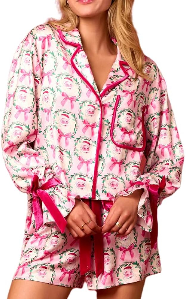 Argeousgor Women 2 Piece Pajamas Set Bow Tie Button Long Sleeve Shirts Ruffle Shorts Cute Pjs Set... | Amazon (US)