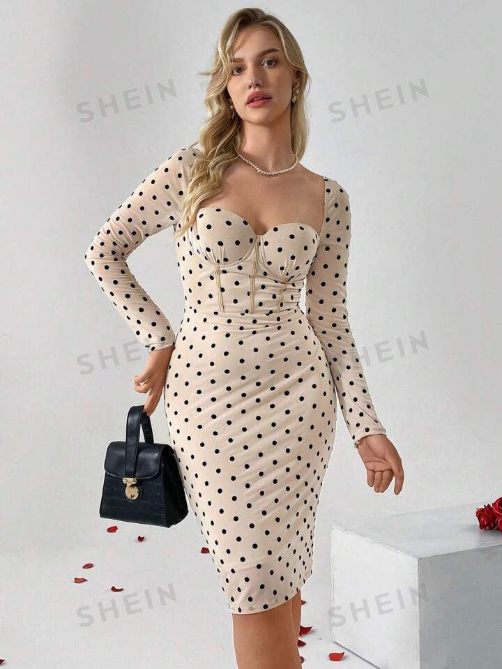 SHEIN Privé Ladies' Polka Dot Pattern Slim Fit Long Sleeve Dress | SHEIN