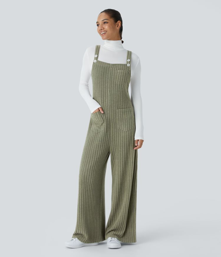 Ribbed Knit Pockets Casual Overalls | HALARA