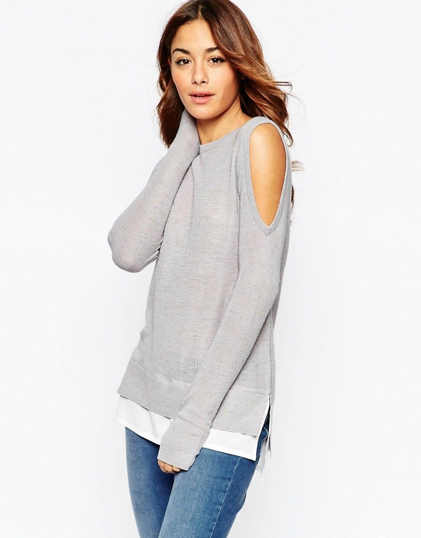 ASOS Sweater with cold shoulder and woven detail - Gray | ASOS US