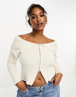 ASOS DESIGN Curve zip up bardot ribbed cardigan in cream | ASOS (Global)