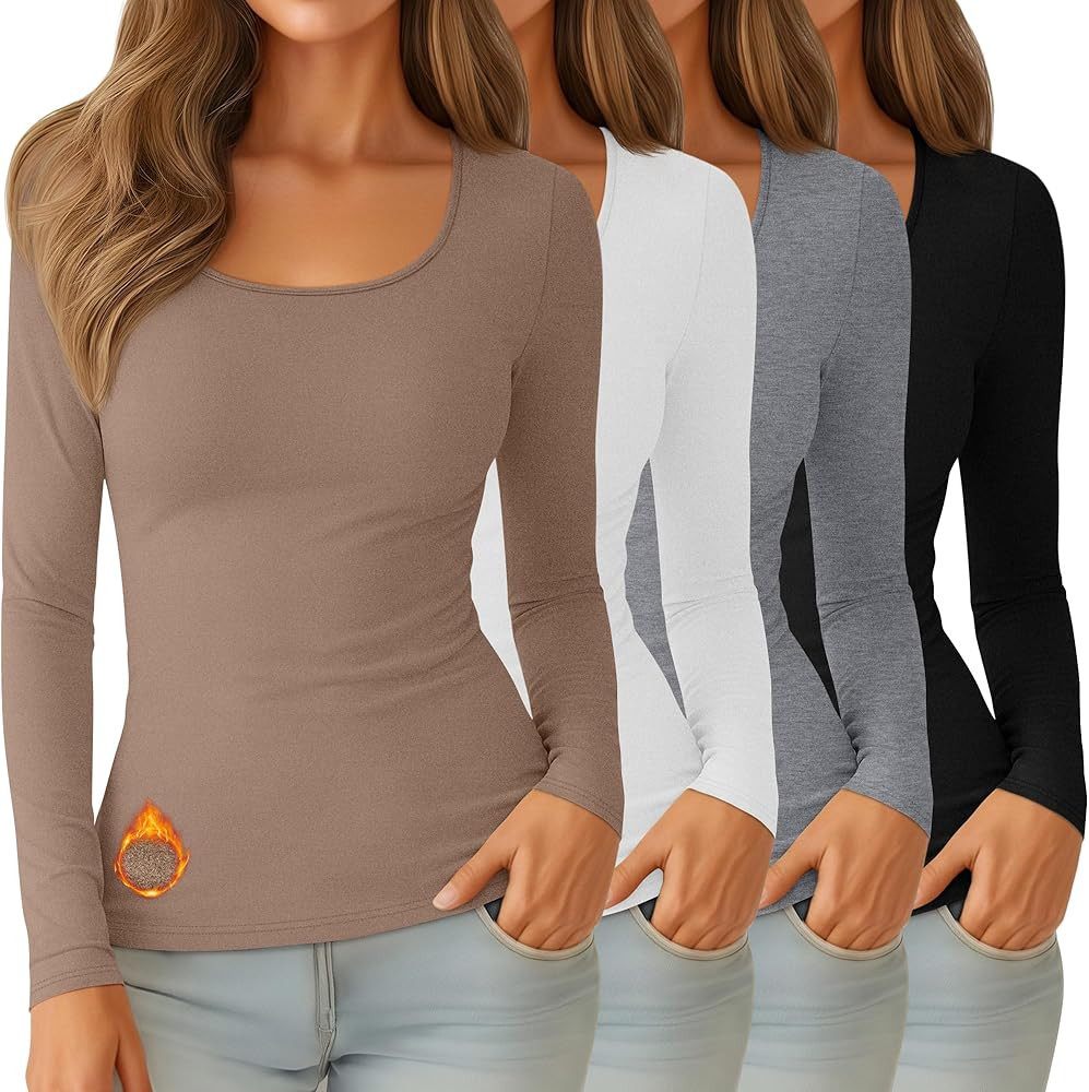 Velvelhall 4 Pack Women's Thermal Shirt Fleece Lined Long Sleeve Scoop Neck Top Undershirt Fitted... | Amazon (US)