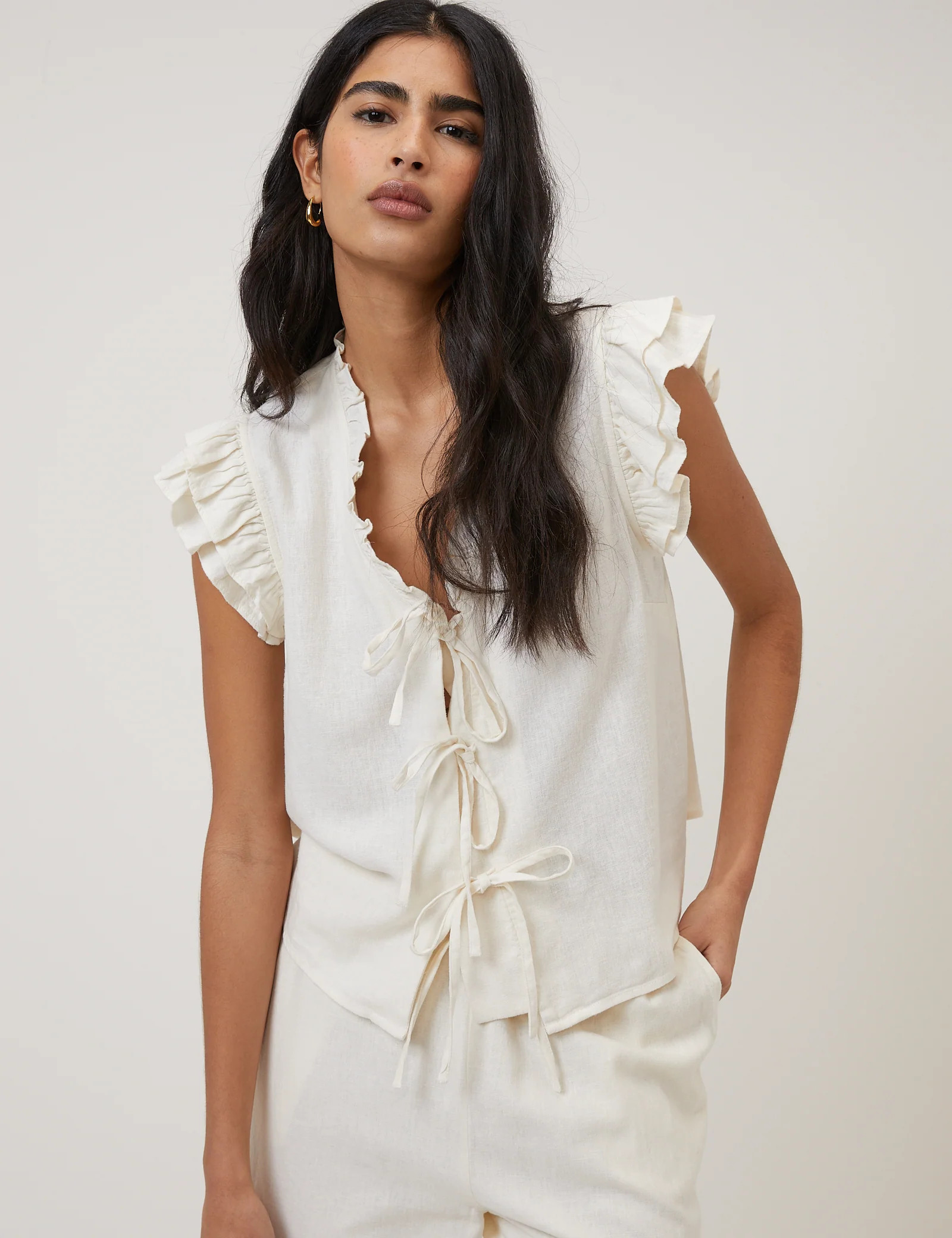 White Linen-Blend Ruffle Tie Front Top | Nobody's Child