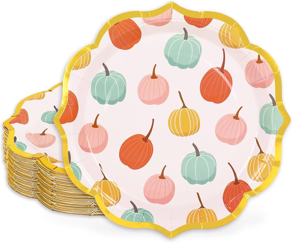 30 Pcs Fall Paper Plates Boho Pink Green Pumpkin Scalloped Dinner Plates Gold Foil Retro Autumn D... | Amazon (US)