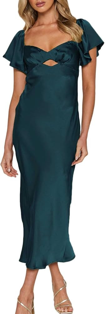 Summer Satin Flutter Sleeve Wedding Guest Dresses for Women Sweetheart Neckline Cutout Tie Back M... | Amazon (US)