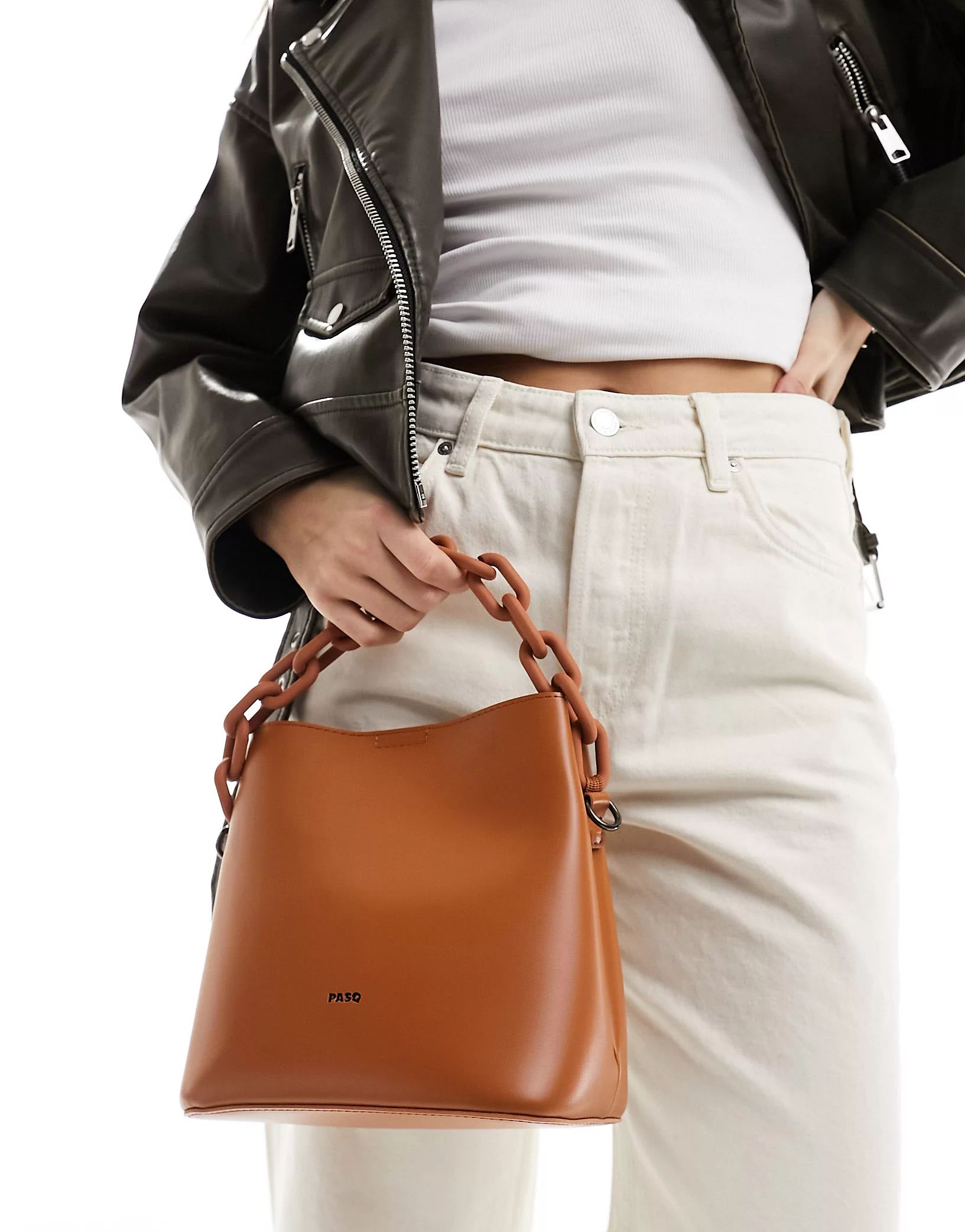 PASQ bucket bag with chain top handle and detachable crossbody strap in tan | ASOS (Global)
