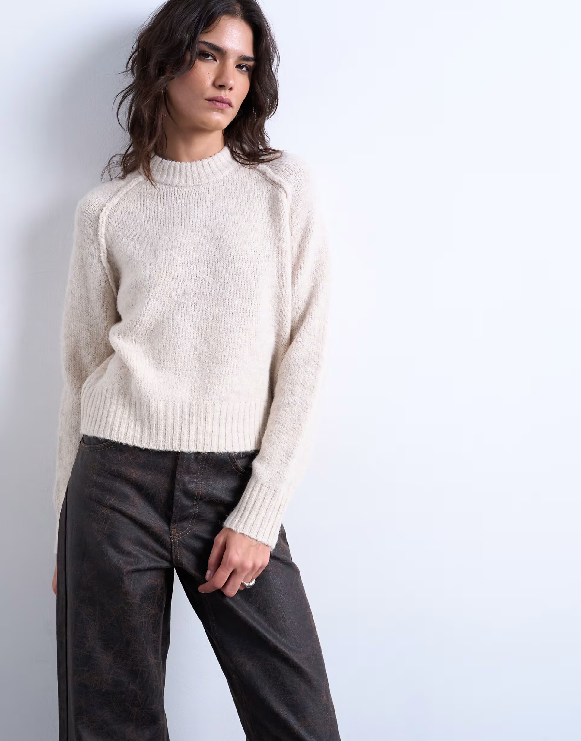 Topshop knitted raglan exposed seam jumper in oat | ASOS (Global)
