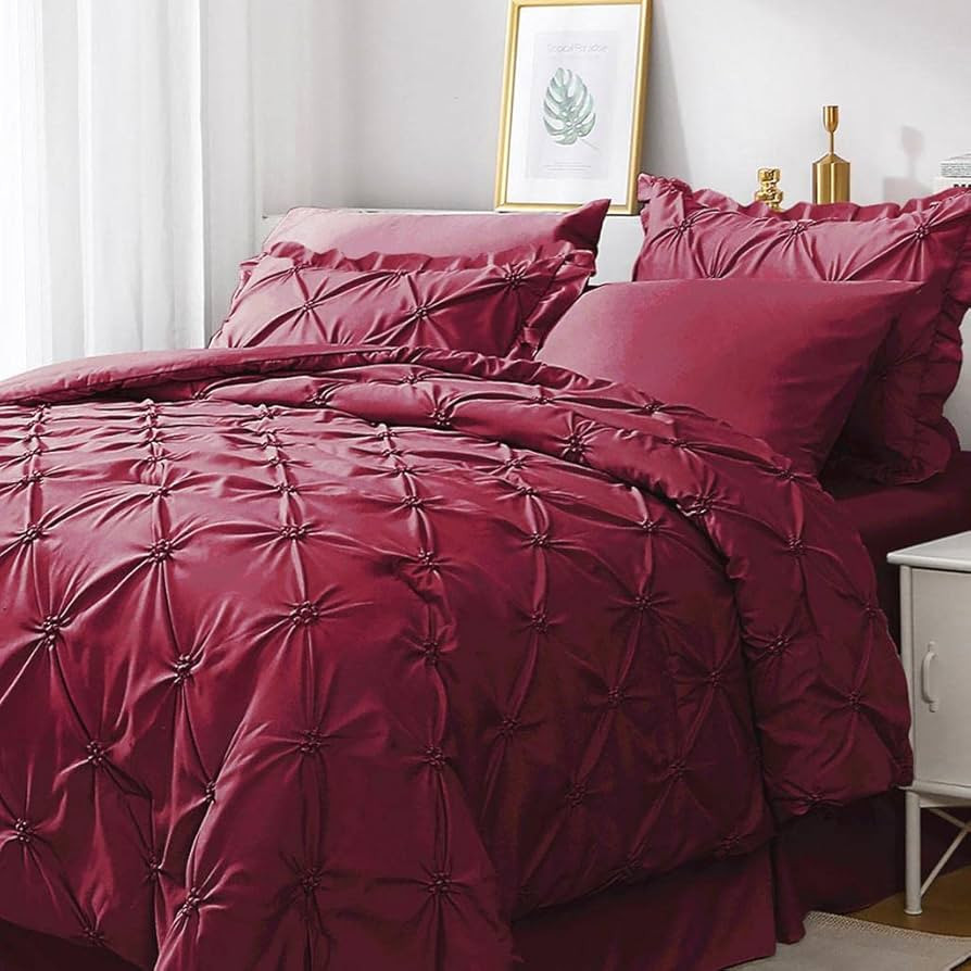 JOLLYVOGUE Dark Red Full Size Comforter Sets 7 Pieces, Pintuck Bed in a Bag Comforter Set for Bed... | Amazon (US)