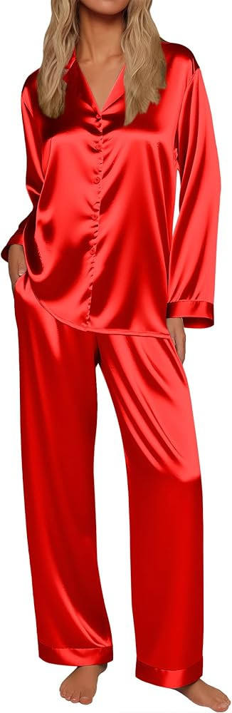 Ekouaer Silk Satin Pajamas for Women Button Down Pjs Set Long Sleeve Loungewear 2 Piece Wide Leg ... | Amazon (US)
