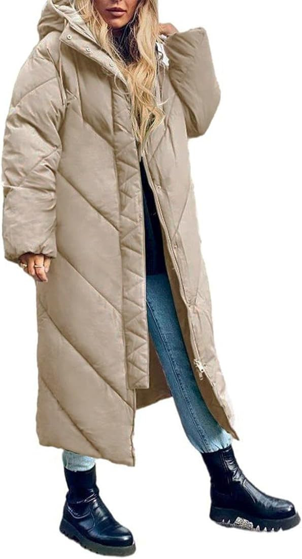 Flygo Womens Long Puffer Coat Long Sleeve Padded Winter Down Coats Hooded Parka Jacket | Amazon (US)