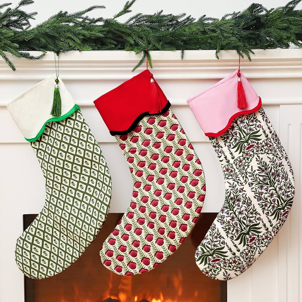 3 Pcs Christmas Scalloped Piping Stocking, 22" Cotton Floral Nature Green Red Printed Xmas Stocki... | Amazon (US)