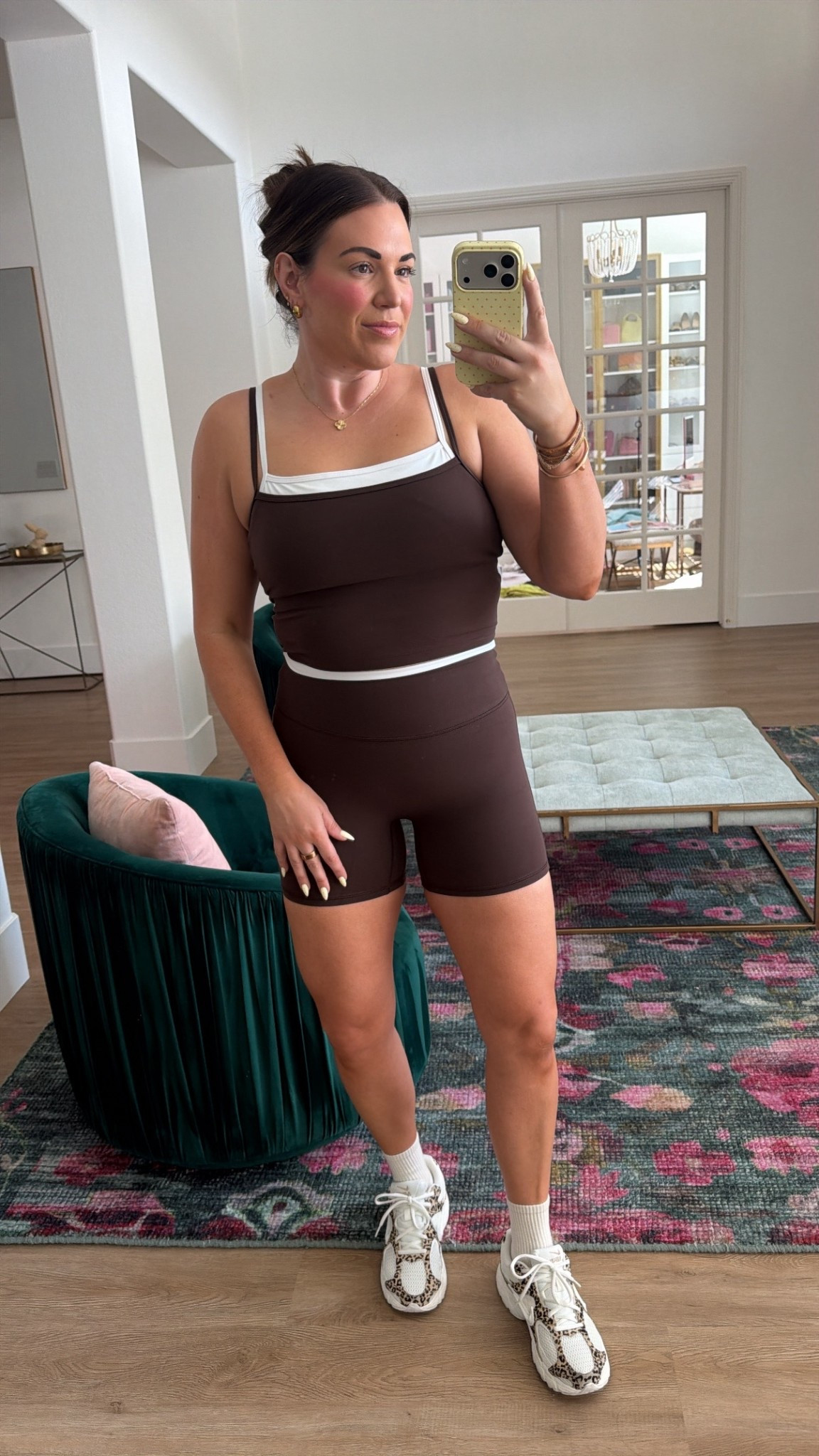 curvy midsize workout look! wearing size large in brown layered top and size medium in brown shorts! 

#LTKfitnessgoals #LTKMidsize #LTKActive