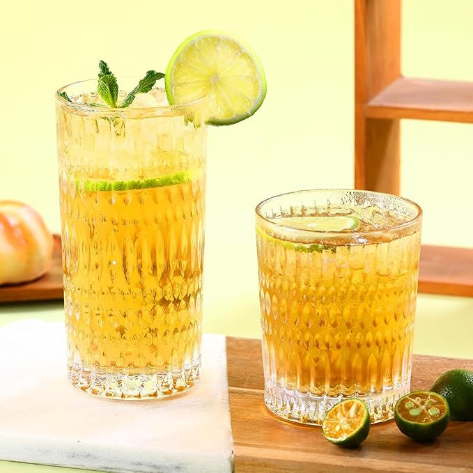 Glassware Drinking Glasses Set of 8, 14 oz Highball Glasses & 10 oz Ribbed Glass Cups, Vintage Gl... | Amazon (US)