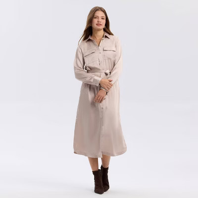 Women's Long Sleeve Belted Satin Midi Shirtdress - A New Day™ Champagne S | Target