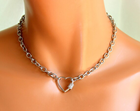 Chunky Silver Choker Heart Lock Necklace Carabiner White Gold - Etsy | Etsy (US)