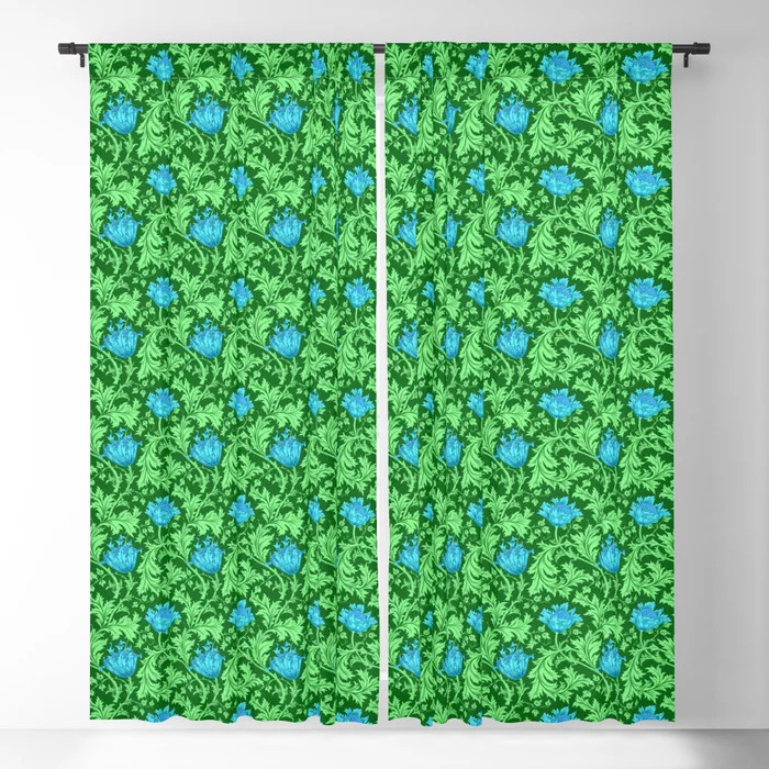 William Morris Anemone, Emerald Green and Cerulean Blue Blackout Curtain by mm gladden | Society6