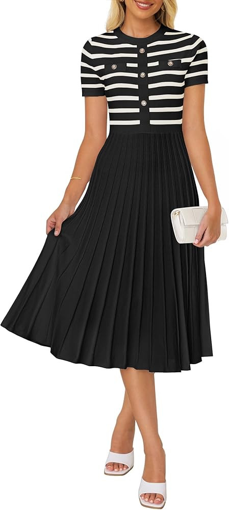 ZESICA Women's Casual Striped Midi Dress Crewneck Short Sleeve Button Ribbed Knit Swing Pleated A... | Amazon (US)