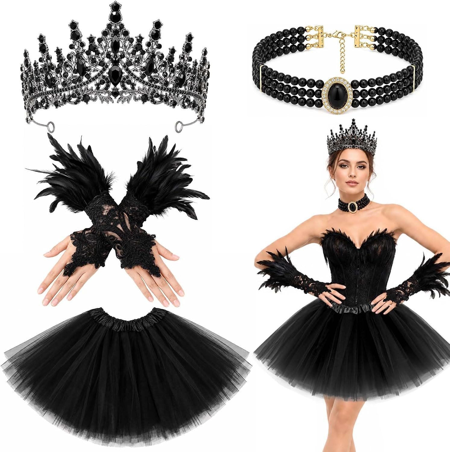 Honic 4 Pcs Halloween Swan Costume Accessories Set Choker Feather Lace Gloves Tutu Skirt for Women | Amazon (US)