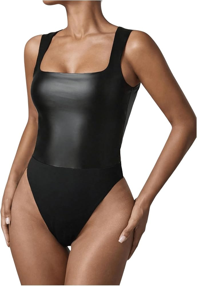 WDIRARA Women's PU Leather Bodysuit Tank Tops Square Neck Sleeveless Slim Fit Leotard Top | Amazon (US)