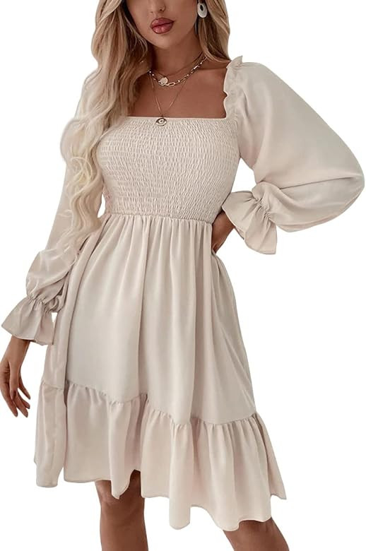 Qsllina Womens Long Sleeve Dress Casual Square Neck High Waist A Line Midi Dress Ruffle Mini Shor... | Amazon (US)