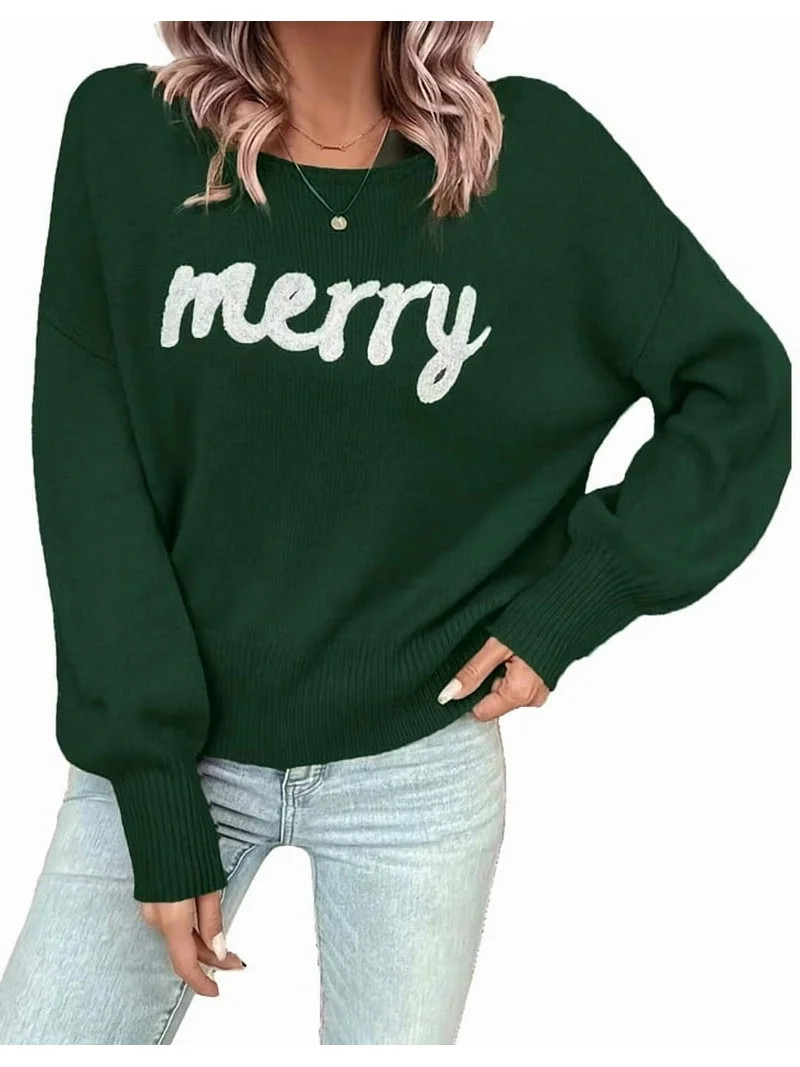 Christmas Sweaters for Women Casual Loose Scoop Neck Pullover Sweater Letter Merry Printed Ugly C... | Walmart (US)