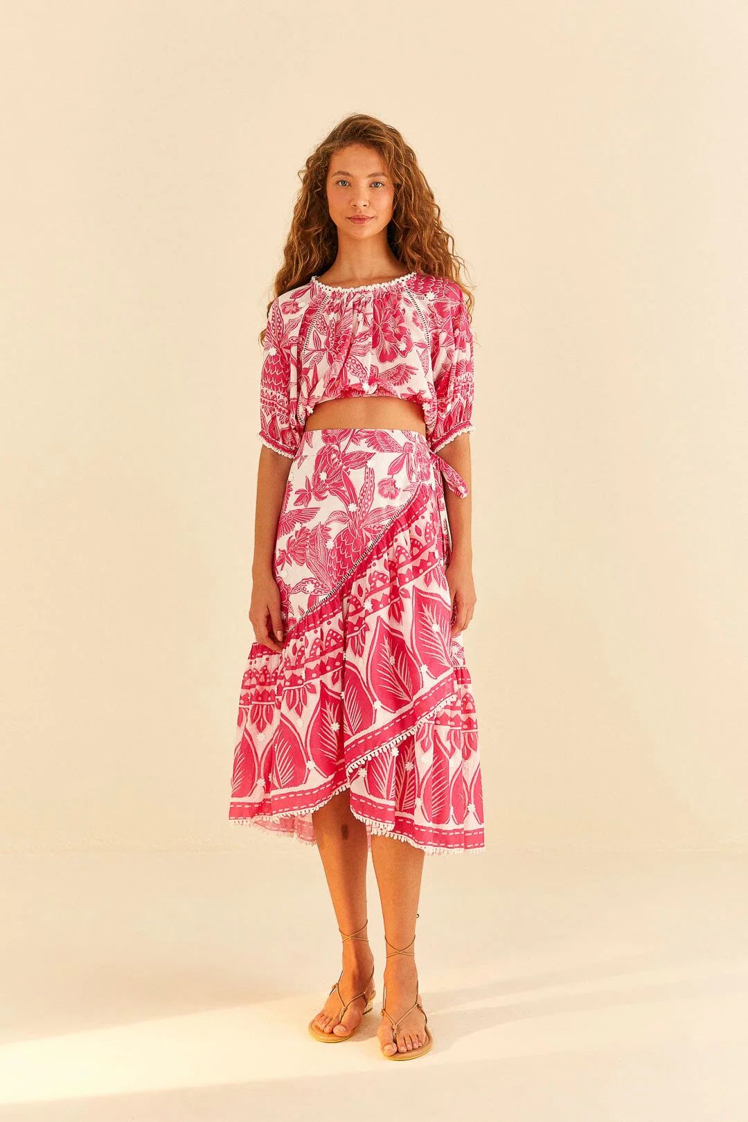 Pink Tropical Woodcut Midi Skirt | FarmRio
