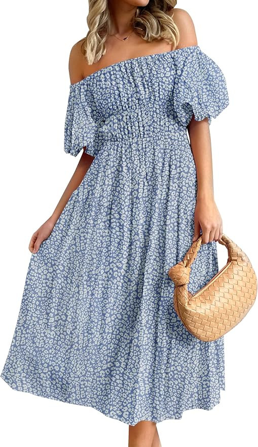 ZESICA Women's 2023 Sexy Boho Off Shoulder Puff Short Sleeve High Waist Ruffled Flowy A Line Beac... | Amazon (US)