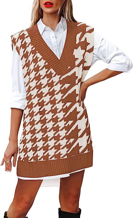 Viottiset Women Oversized Houndstooth Sweater Vest Knit Sleeveless V Neck Pullover Tunic Top Khak... | Amazon (US)