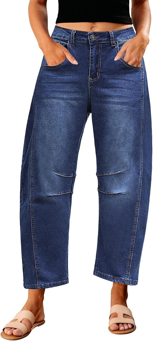 GRAPENT Barrel Jeans for Women Trendy High Waisted Wide Leg Baggy Cropped Relax Fit Stretch Denim... | Amazon (US)