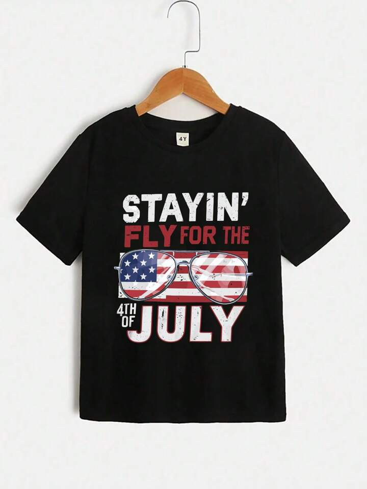 Young Boy Short Sleeve T-Shirt With Independence Day Sunglasses Printed Pattern, New Summer Colle... | SHEIN