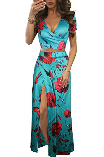 WOKANSE Women's Sexy 2 Piece Outfits Summer Beach Boho Floral Dress V Neck Crop Tops and High Spl... | Amazon (US)