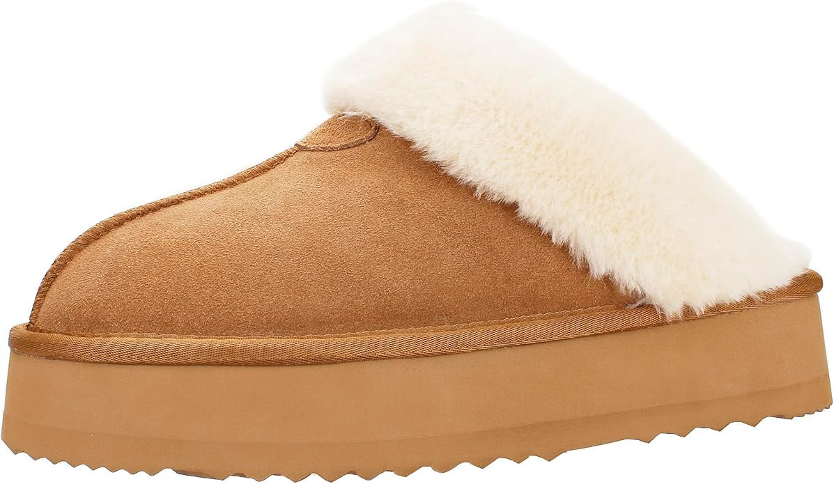 Women Platform Slippers Suede Leather Fuzzy Slippers House Shoes Indoor Outdoor | Amazon (US)