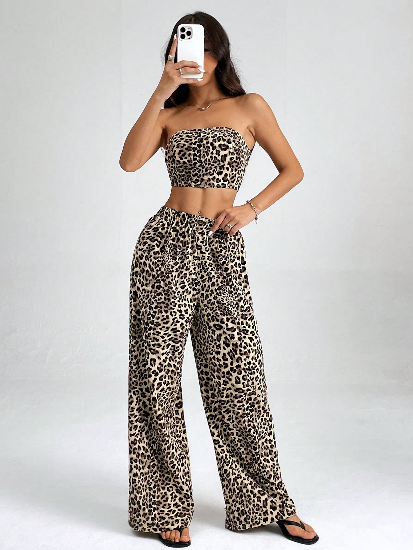 SHEIN PETITE Women's Leopard Print Bandeau Crop Crop Top And Loose Casual Pants Set | SHEIN