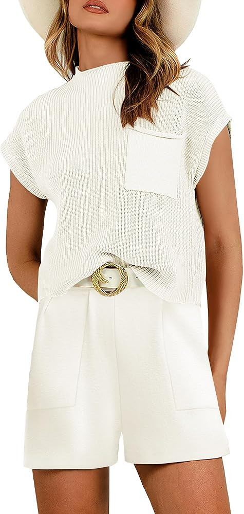 ANRABESS Women's Two Piece Outfits Sweater Short Sets Knit Pullover Tops and Shorts Lounge Set Tr... | Amazon (US)