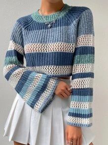 Colorblock Raglan Sleeve Pointelle Knit Crop Sweater
   SKU: sw2206200019620746      
          (... | SHEIN