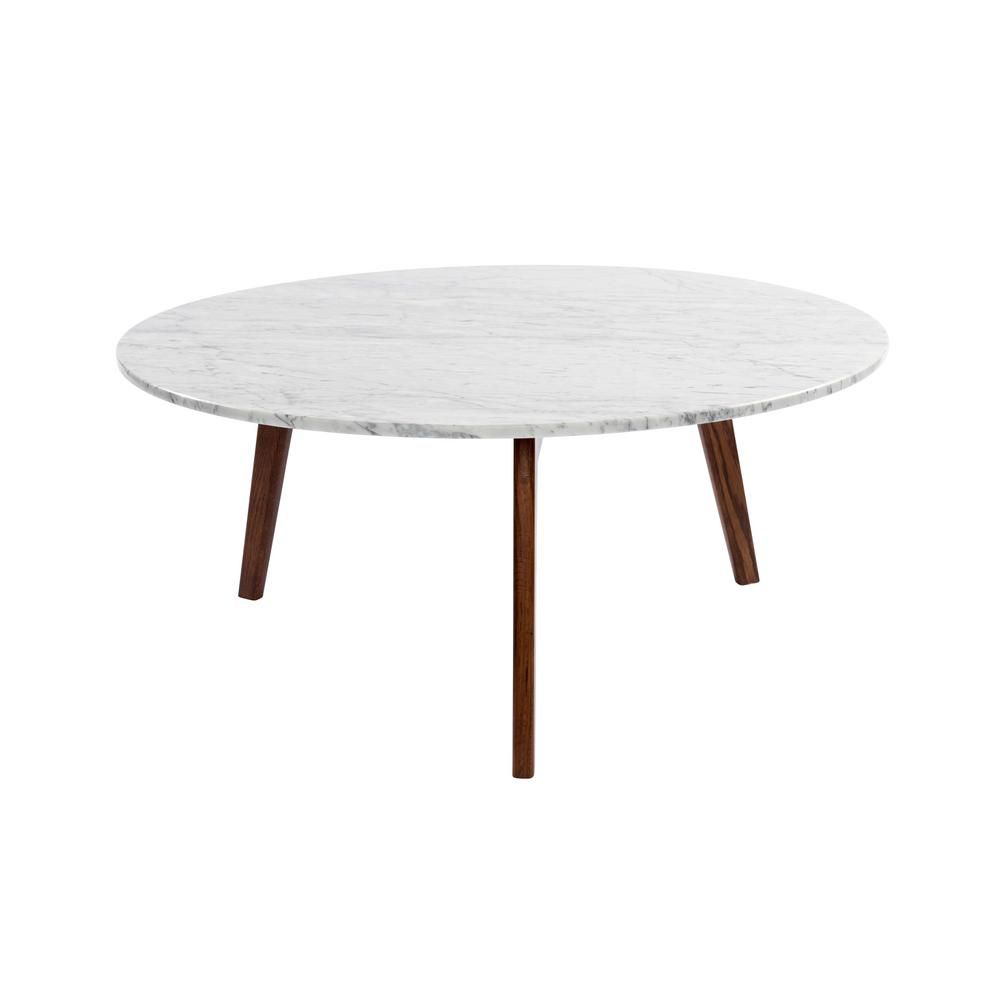 AndMakers Stella 32 in. White/Walnut Medium Round Marble Coffee Table with Walnut Legs, Brown | The Home Depot