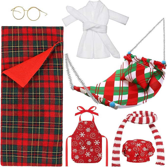 8 Pcs Christmas Elf Doll Accessories Set with Christmas Sleeping Bag, Bathrobe, Apron and Chef Ha... | Amazon (US)