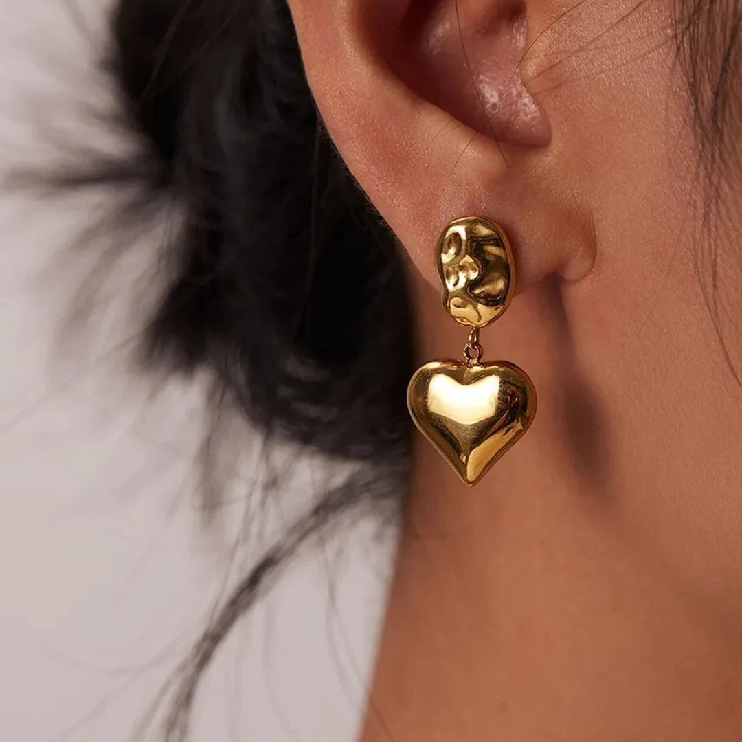 Chunky Heart Earrings Large Gold Heart Earrings Retro Style Earrings 18k Gold Earrings Tarnish Fr... | Etsy (US)