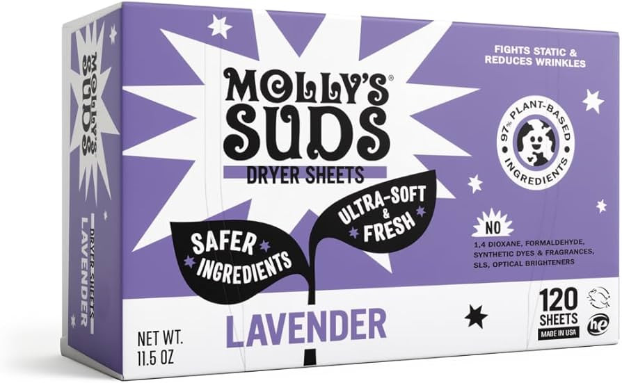 Molly's Suds Fabric Softener Dryer Sheets for Sensitive Skin | Plant-Based Static Reducer, Plasti... | Amazon (US)