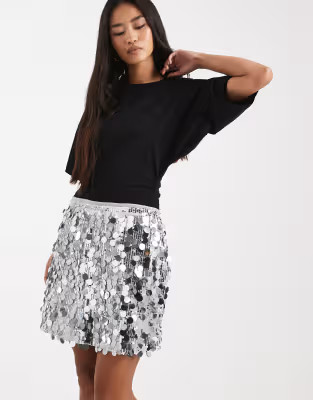 Pieces disc sequin mini skirt in silver | ASOS (Global)