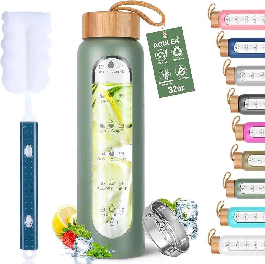 Aqulea Glass Water Bottles 32 Oz with Silicone Sleeve - BPA Free Reusable Wide Mouth Glass Motiva... | Amazon (US)