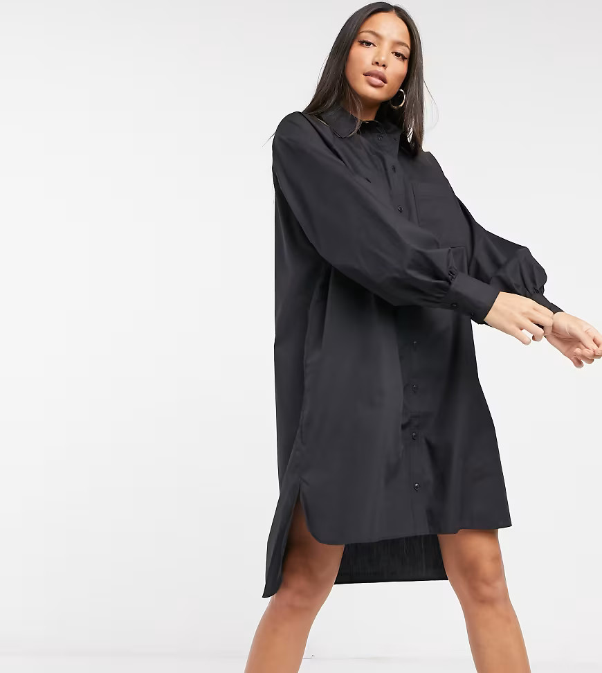 ASOS DESIGN Tall cotton poplin oversized boyfriend mini shirt dress in black | ASOS (Global)