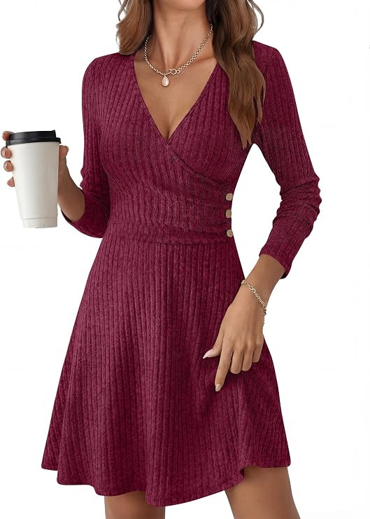 ANRABESS Women Long Sleeve V Neck Sweater Short Dresses | Soft Ribbed Knit, Button Side A-Line Fl... | Amazon (US)